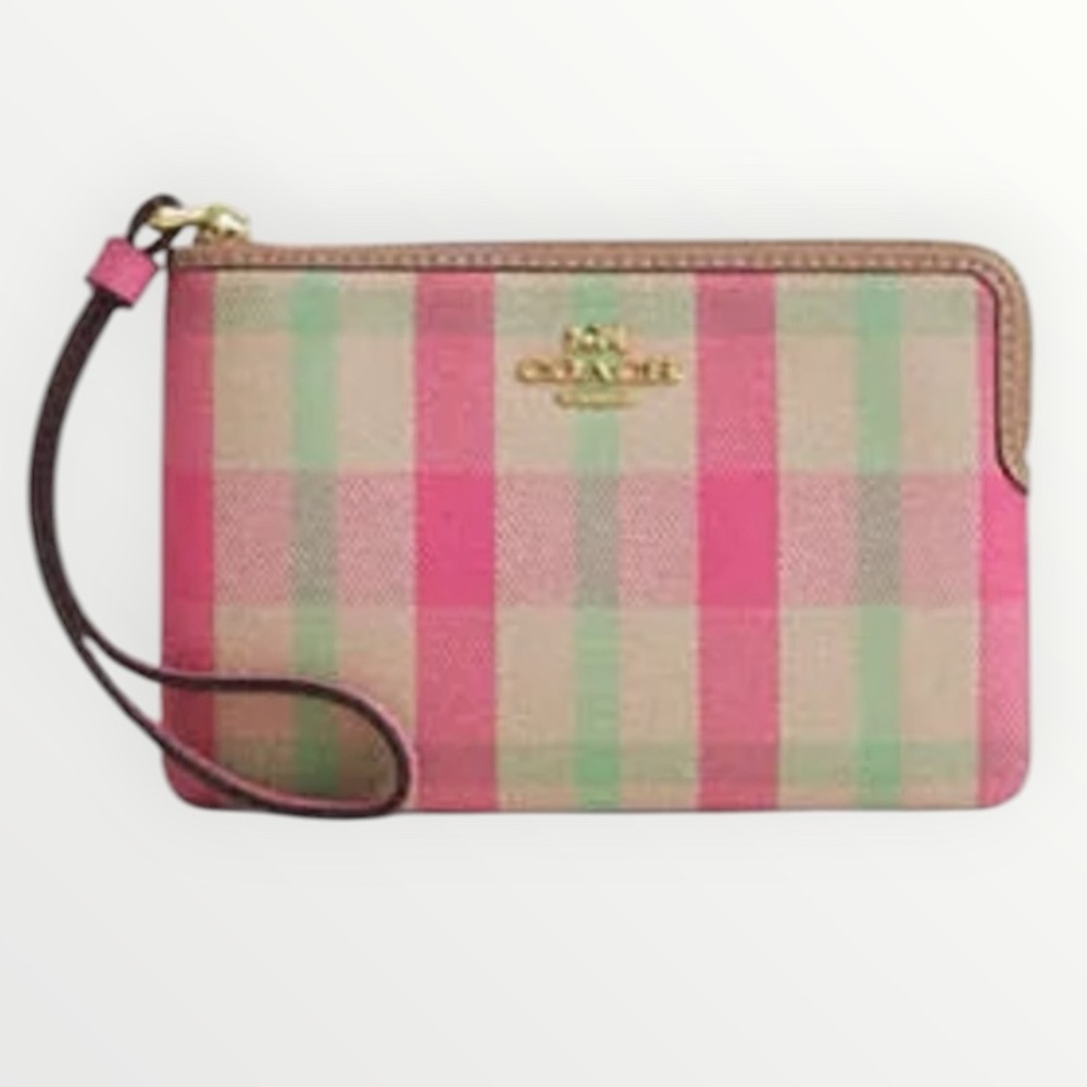 COACH 💕 Corner Zip Wristlet Wallet with Pink & Green Plaid Print